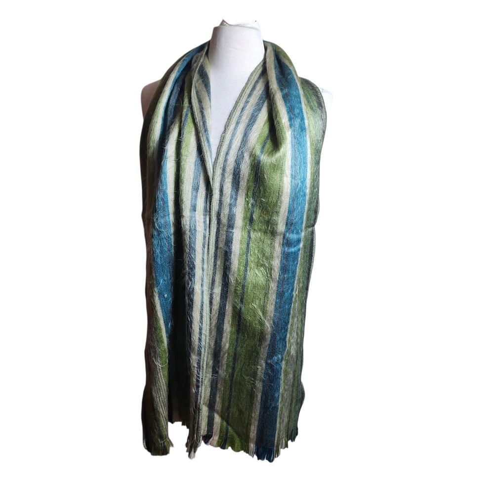 Shupaca Alpaca Wool Blend Striped Scarf Blue Green Handmade Ecuador 11x76
